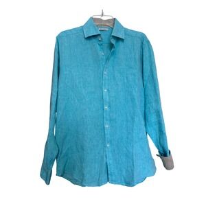 Puro Lino Mens Turquoise Linen Long Sleeve Button Down Shirt Sz L Preppy Coastal